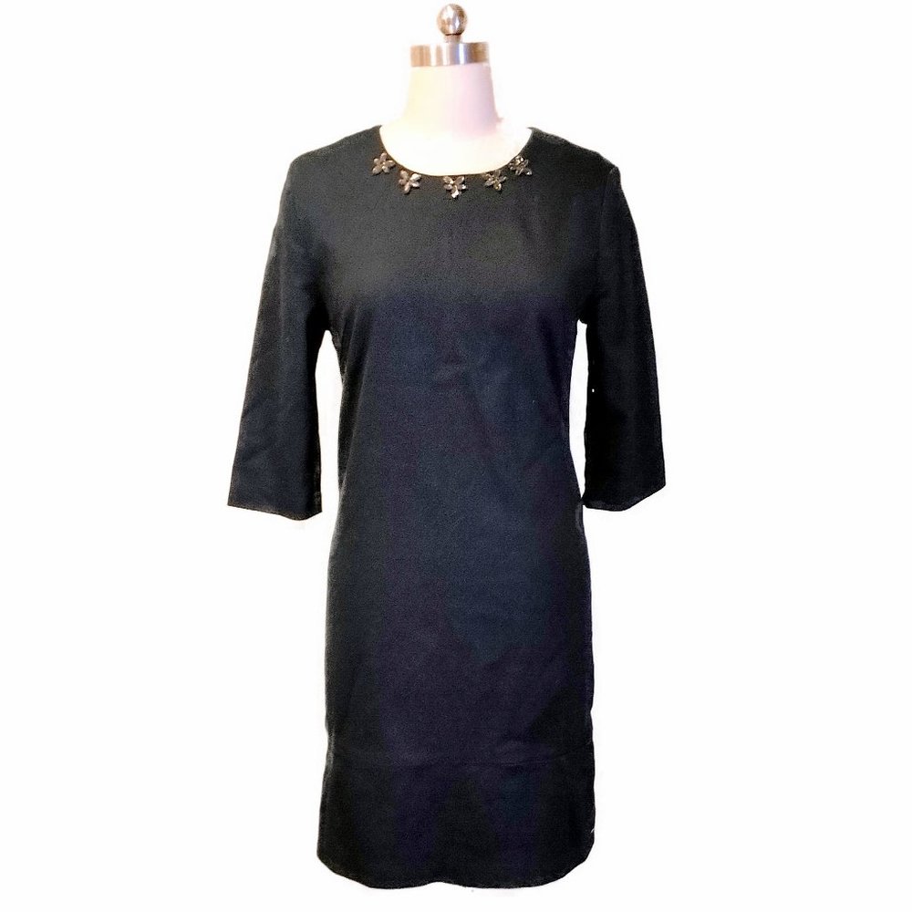 ZARA Basic Denim Couture Embellished Neck Shift Dress SZ M